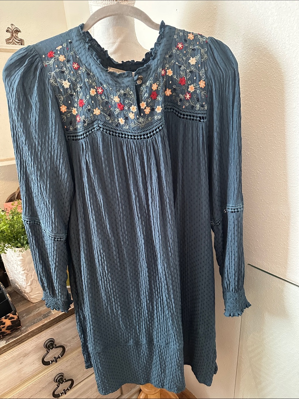 Fat Face Blue Textured Tunic with Floral Embroidery